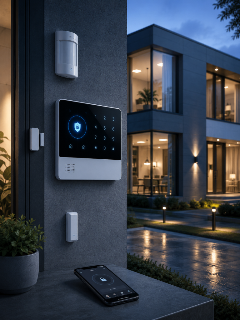 Black Alarm system on modern house