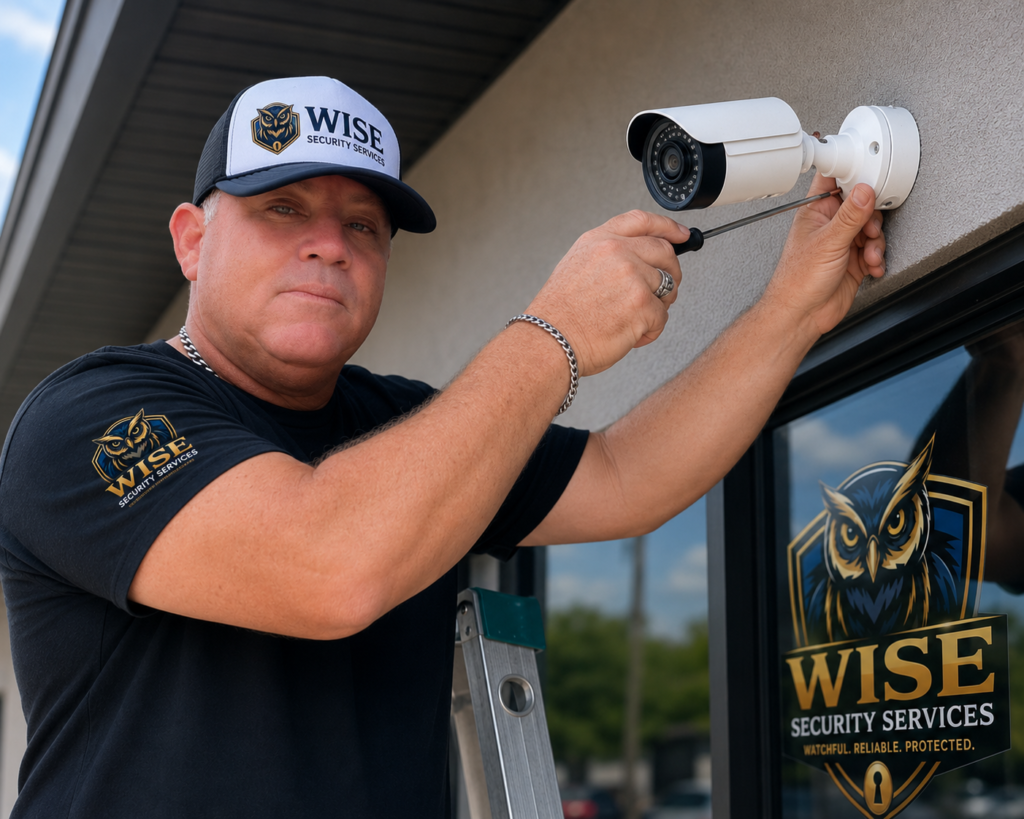 Wise Security Services man putting up camera